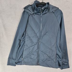 ATHLETA Womens XL Inlet Jacket Forest Green Down Puffer Knit Sleeves Hooded Zip